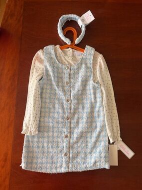 Blue & White Tweed Pinafore Dress with Headband